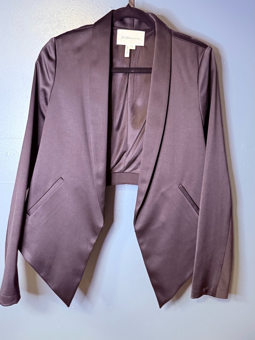 BCBGeneration Satin Cropped Open-Front Blazer in black